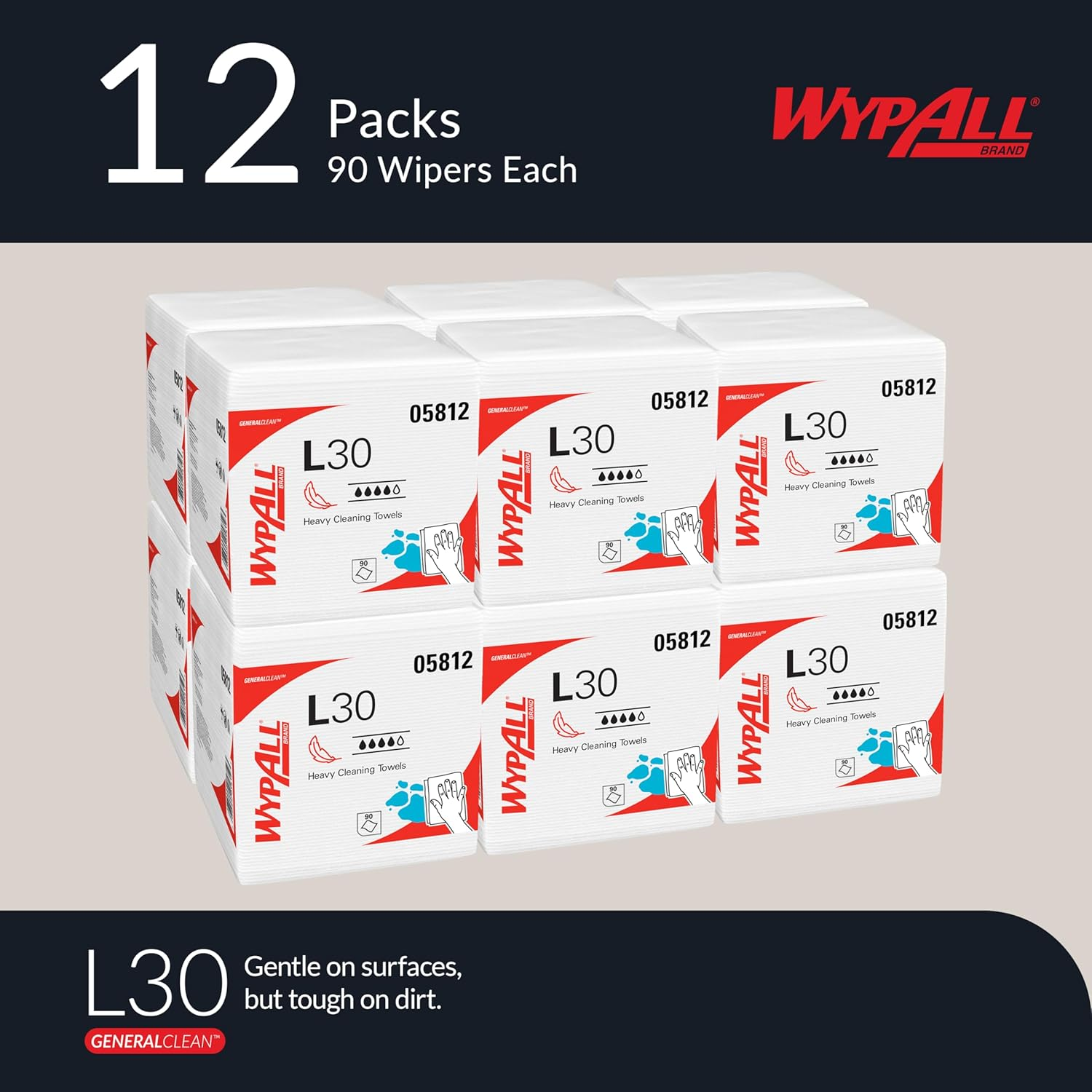 GeneralClean L30 Cloths Heavy Duty Cleaning Wipes (05812), Quarterfold, Strong and Soft Bulk Paper Wipers, White (12 Packs of 90 Sheets, 1,080 Sheet Total)