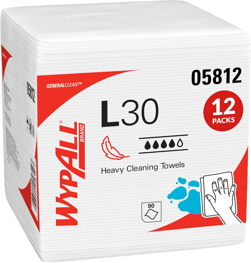 GeneralClean L30 Cloths Heavy Duty Cleaning Wipes (05812), Quarterfold, Strong and Soft Bulk Paper Wipers, White (12 Packs of 90 Sheets, 1,080 Sheet Total)
